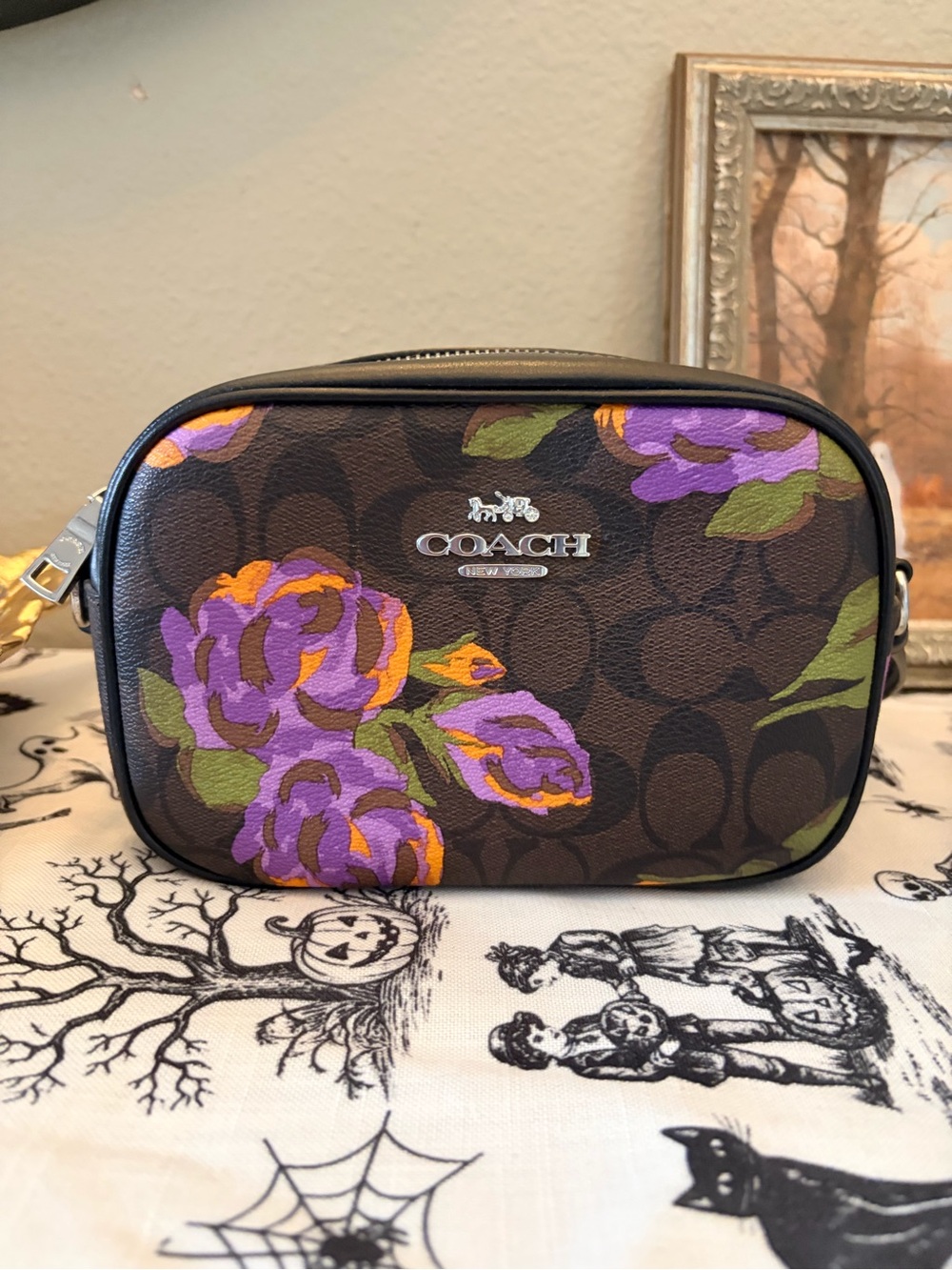 COACH Brown Signature Floral Crossbody - Purple & Orange Roses